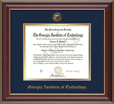 Image of Georgia Tech Diploma Frame - Cherry Lacquer - w/Embossed Seal & Name - Navy on Gold mat