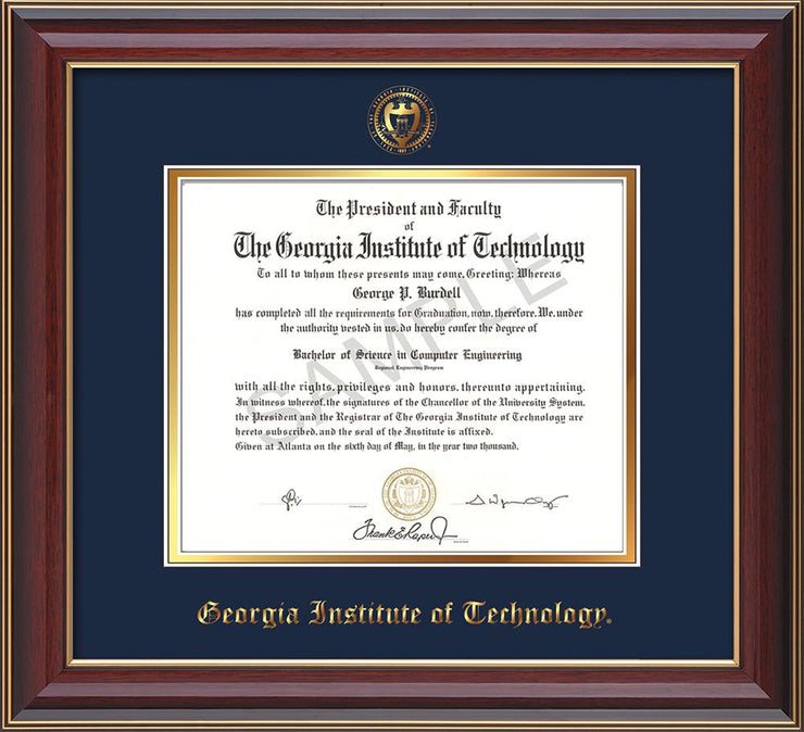 Image of Georgia Tech Diploma Frame - Cherry Lacquer - w/Embossed Seal & Name - Navy on Gold mat