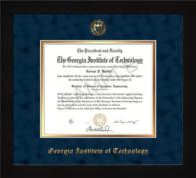 Image of Georgia Tech Diploma Frame - Flat Matte Black - w/Embossed Seal & Name - Navy Suede on Gold mat