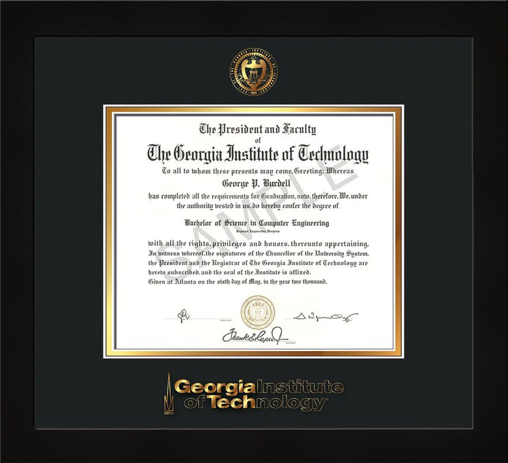 Image of Georgia Tech Diploma Frame - Flat Matte Black - w/Embossed Seal & Wordmark - Black on Gold Mat
