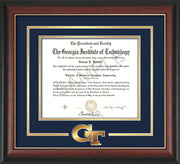 Image of Georgia Tech Diploma Frame - Rosewood w/Gold Lip - w/3-D Laser GT Logo Cutout - Navy on Gold mat