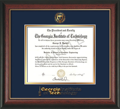 Image of Georgia Tech Diploma Frame - Rosewood w/Gold Lip - w/Embossed Seal & Wordmark - Navy on Gold Mat