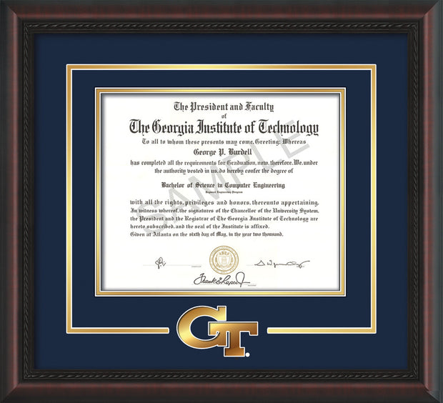 Image of Georgia Tech Diploma Frame - Mahogany Braid - w/3-D Laser GT Logo Cutout - Navy on Gold mat