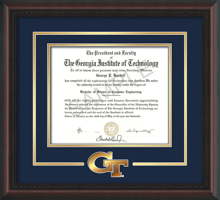 Image of Georgia Tech Diploma Frame - Mahogany Braid - w/3-D Laser GT Logo Cutout - Navy on Gold mat