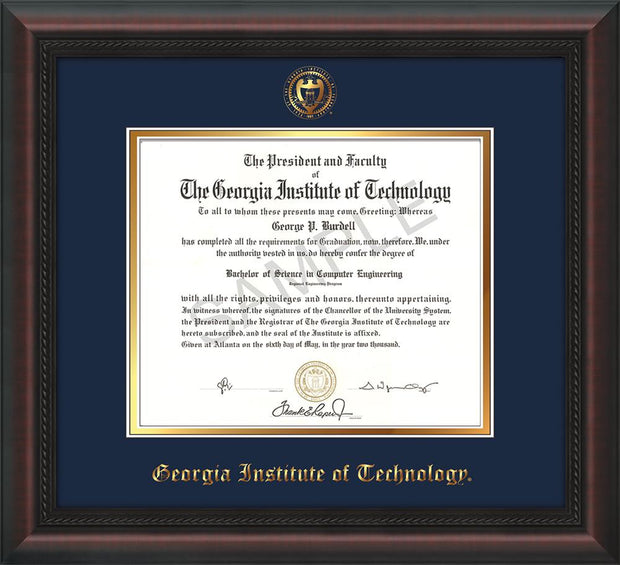 Image of Georgia Tech Diploma Frame - Mahogany Braid - w/Embossed Seal & Name - Navy on Gold mat