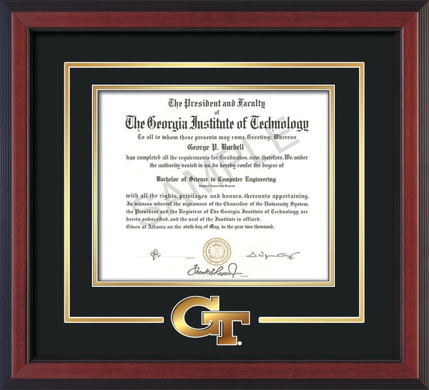 Image of Georgia Tech Diploma Frame - Cherry Reverse - w/3-D Laser GT Logo Cutout - Black on Gold mat