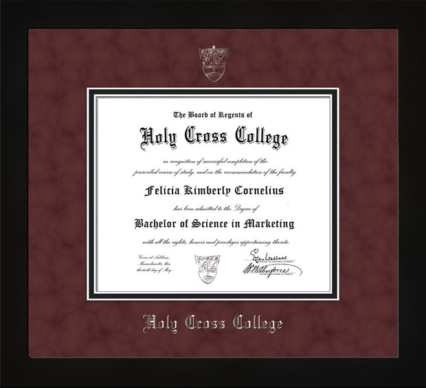Image of Holy Cross College Diploma Frame - Flat Matte Black - w/Silver Embossed HCC Seal & Name - Maroon Suede on Black mat