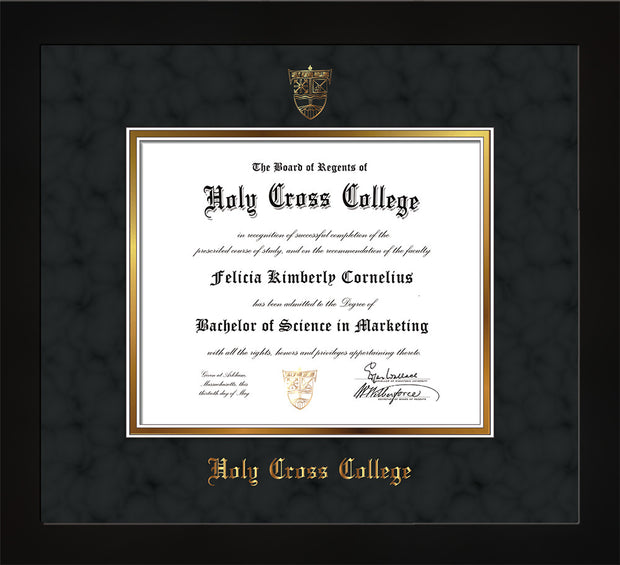 Image of Holy Cross College Diploma Frame - Flat Matte Black - w/Embossed HCC Seal & Name - Black Suede on Gold mat