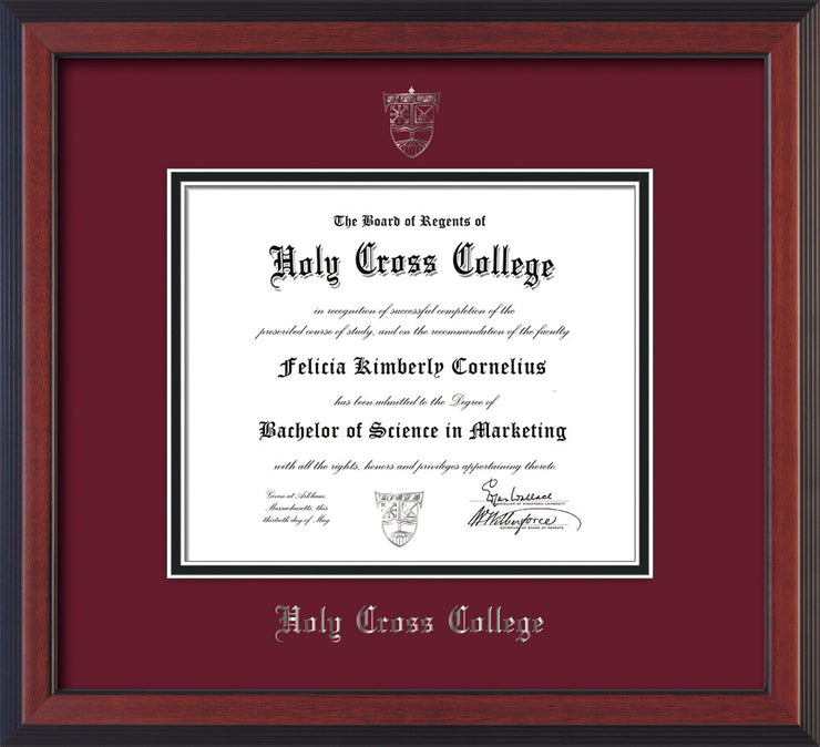 Image of Holy Cross College Diploma Frame - Cherry Reverse - w/Silver Embossed HCC Seal & Name - Maroon on Black mat