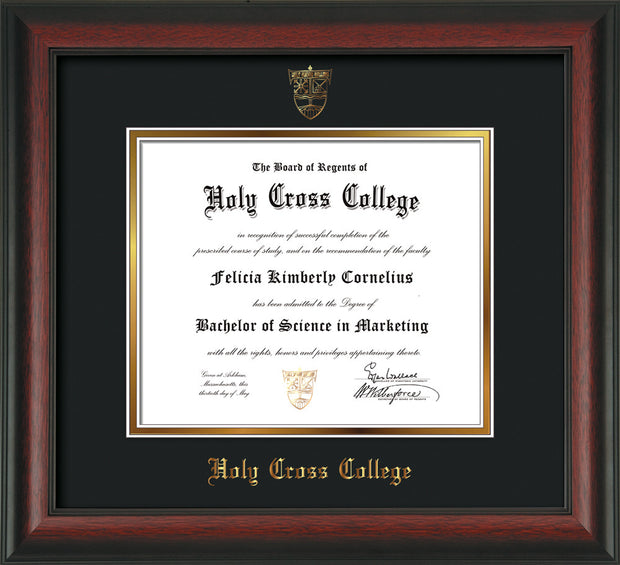 Image of Holy Cross College Diploma Frame - Rosewood - w/Embossed HCC Seal & Name - Black on Gold mat