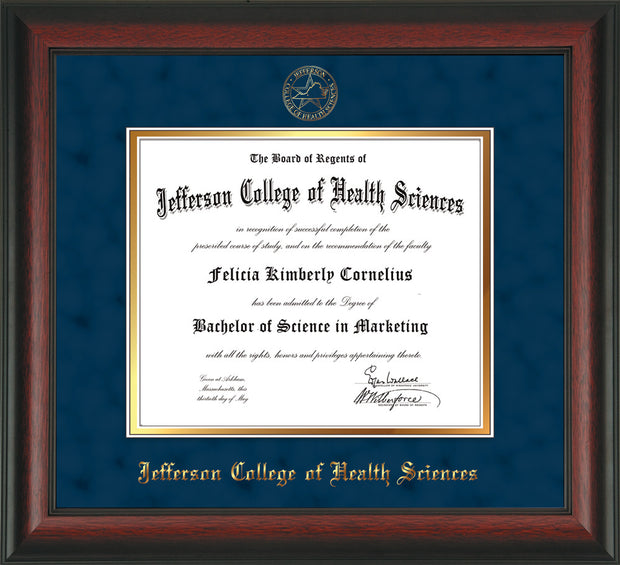Image of Jefferson College of Health Sciences Diploma Frame - Rosewood - w/JCHS Embossed Seal & Name - Navy Suede on Gold mat