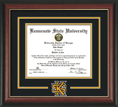 Image of Kennesaw State University Diploma Frame - Rosewood w/Gold Lip - 3D Laser KS Logo Cutout - Black on Golden Yellow mat