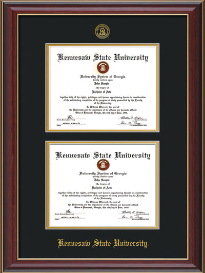 Image of Kennesaw State University Diploma Frame - Cherry Lacquer - with KSU Seal - Double Diploma - Black on Gold mat