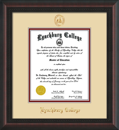 Image of Lynchburg College Diploma Frame - Mahogany Braid - w/Embossed LC Seal & Name - Cream on Crimson mat