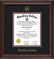 Image of Lynchburg College Diploma Frame - Mahogany Lacquer - w/Embossed LC Seal & Name - Black on Crimson mat