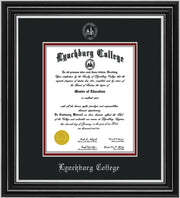 Image of Lynchburg College Diploma Frame - Satin Silver - w/Embossed LC Seal & Name - Silver Embossing - Black on Crimson mat