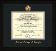 Image of Medical College of Georgia Diploma Frame - Flat Matte Black - w/24k Gold-Plated Medallion - Black on Gold mat