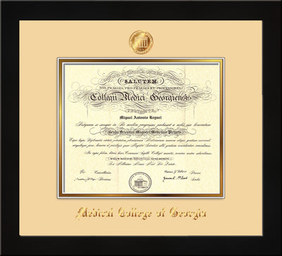 Image of Medical College of Georgia Diploma Frame - Flat Matte Black - w/Embossed MCG Seal & Name - Cream on Gold mat