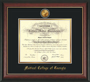 Image of Medical College of Georgia Diploma Frame - Rosewood w/Gold Lip - w/24k Gold-Plated Medallion - Black on Gold mat