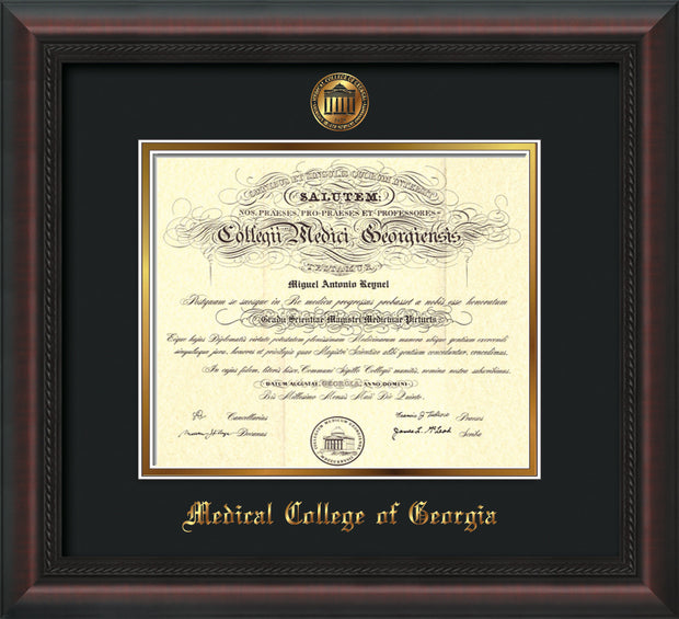 Image of Medical College of Georgia Diploma Frame - Mahogany Braid - w/Embossed MCG Seal & Name - Black on Gold mat