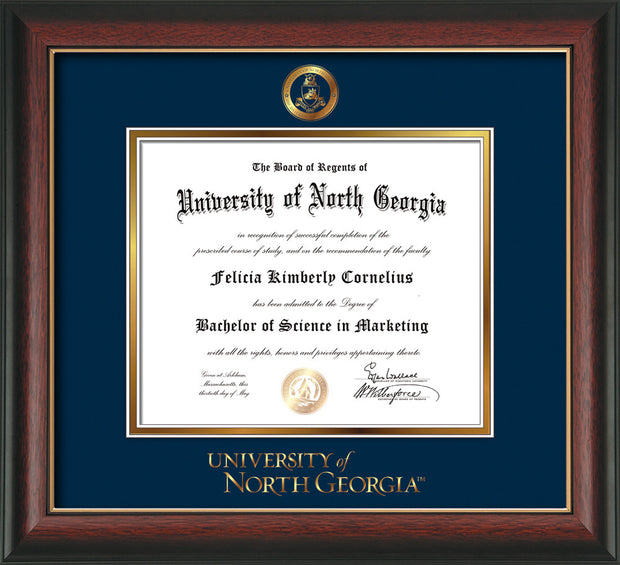 Image of University of North Georgia Diploma Frame - Rosewood w/Gold Lip - w/Embossed Military Seal & UNG Wordmark - Navy on Gold mat