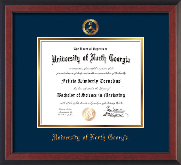 Image of University of North Georgia Diploma Frame - Cherry Reverse - w/Embossed Military Seal & UNG Name - Navy on Gold mat