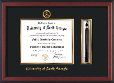 Image of University of North Georgia Diploma Frame - Cherry Reverse - w/Embossed Military Seal & UNG Name - Tassel Holder - Black on Gold mat