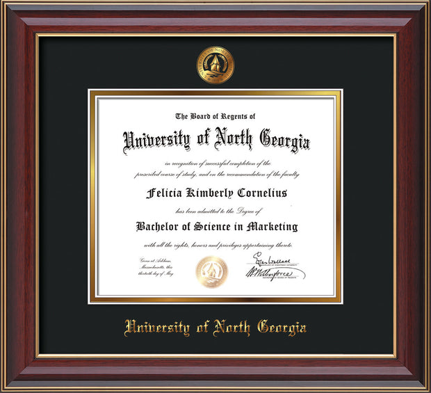 Image of University of North Georgia Diploma Frame - Cherry Lacquer - w/Embossed UNG Seal & Name - Black on Gold mat