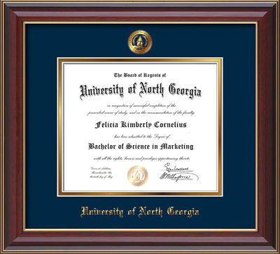Image of University of North Georgia Diploma Frame - Cherry Lacquer - w/Embossed UNG Seal & Name - Navy on Gold mat