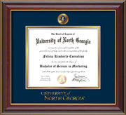 Image of University of North Georgia Diploma Frame - Cherry Lacquer - w/Embossed UNG Seal & Wordmark - Navy on Gold mat