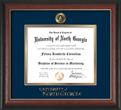 Image of University of North Georgia Diploma Frame - Rosewood w/Gold Lip - w/Embossed UNG Seal & Wordmark - Navy on Gold mat