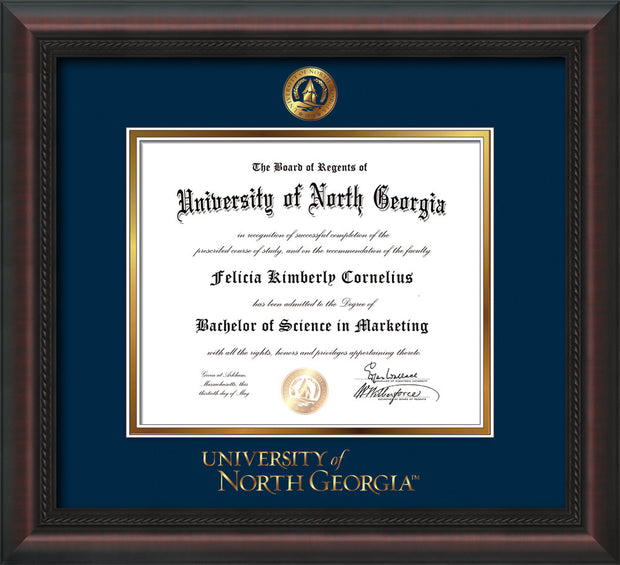Image of University of North Georgia Diploma Frame - Mahogany Braid - w/Embossed UNG Seal & Wordmark - Navy on Gold mat