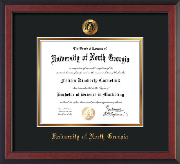 Image of University of North Georgia Diploma Frame - Cherry Reverse - w/Embossed UNG Seal & Name - Black on Gold mat