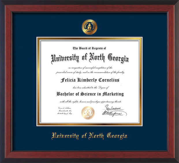 Image of University of North Georgia Diploma Frame - Cherry Reverse - w/Embossed UNG Seal & Name - Navy on Gold mat