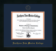 Image of Northern New Mexico College Diploma Frame - Flat Matte Black - w/Embossed NNMC Seal & Name - Navy on Orange mat