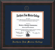 Image of Northern New Mexico College Diploma Frame - Mahogany Braid - w/Embossed NNMC Seal & Name - Navy on Orange mat