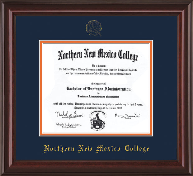 Image of Northern New Mexico College Diploma Frame - Mahogany Lacquer - w/Embossed NNMC Seal & Name - Navy on Orange mat