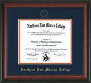 Image of Northern New Mexico College Diploma Frame - Rosewood - w/Embossed NNMC Seal & Name - Navy on Orange mat