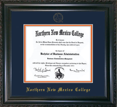 Image of Northern New Mexico College Diploma Frame - Vintage Black Scoop - w/Embossed NNMC Seal & Name - Navy on Orange mat