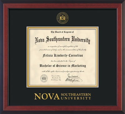 Image of Nova Southeastern University Diploma Frame - Cherry Reverse - w/Embossed NSU Seal & Wordmark - Black on Gold mat