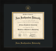 Nova Southeastern University Diploma Frame - Flat Matte Black - w/Embossed NSU Seal & Name - Black on Gold mat