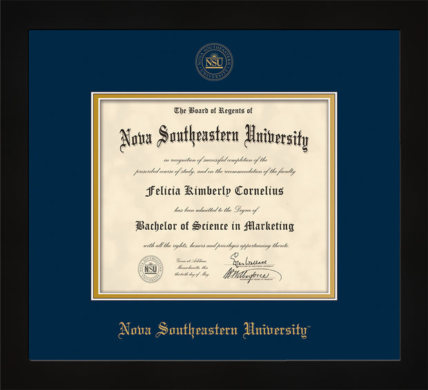 Nova Southeastern University Diploma Frame - Flat Matte Black - w/Embossed NSU Seal & Name - Navy on Gold mat