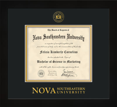 Image of Nova Southeastern University Diploma Frame - Flat Matte Black - w/Embossed NSU Seal & Wordmark - Black on Gold mat