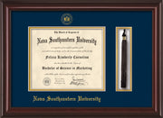 Image of Nova Southeastern University Diploma Frame - Mahogany Lacquer - w/Embossed NSU Seal & Name - Tassel Holder - Navy on Gold mat