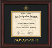 Image of Nova Southeastern University Diploma Frame - Mahogany Lacquer - w/Embossed NSU Seal & Wordmark - Black on Gold mat