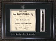 Image of Nova Southeastern University Diploma Frame - Vintage Black Scoop - w/Silver Embossed NSU Seal & Name - Tassel Holder - Black on Silver mat
