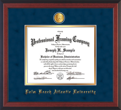 Image of Palm Beach Atlantic University Diploma Frame - Cherry Reverse - w/24k Gold-Plated Medallion PBA Name Embossing - Navy Suede on Gold mats