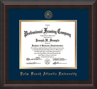Image of Palm Beach Atlantic University Diploma Frame - Mahogany Braid - w/Embossed Seal & Name - Navy on Gold mats