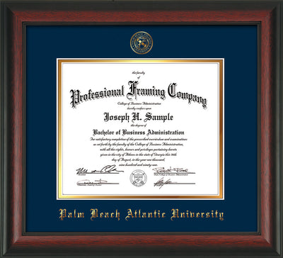 Image of Palm Beach Atlantic University Diploma Frame - Rosewood - w/Embossed Seal & Name - Navy on Gold mats