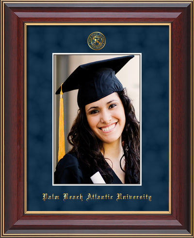 Image of Palm Beach Atlantic University 5 x 7 Photo Frame - Cherry Lacquer - w/Official Embossing of PBA Seal & Name - Single Navy Suede mat